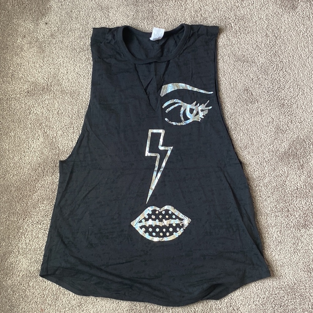 Zumba Fitness Black Graphic Tank Top Size XS Silver Eye Lightning Lips Choker - Picture 2 of 5